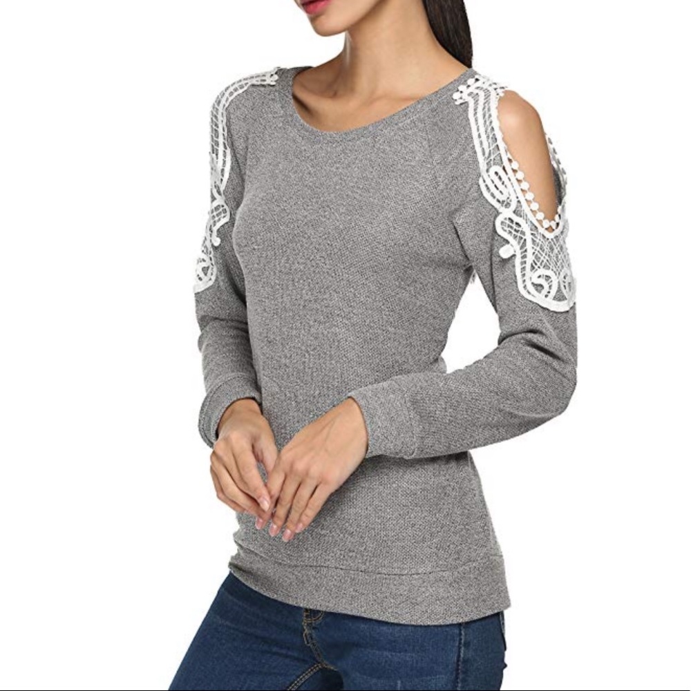 Finejo Long Sleeve Cold Shoulder Lace Top Blouse